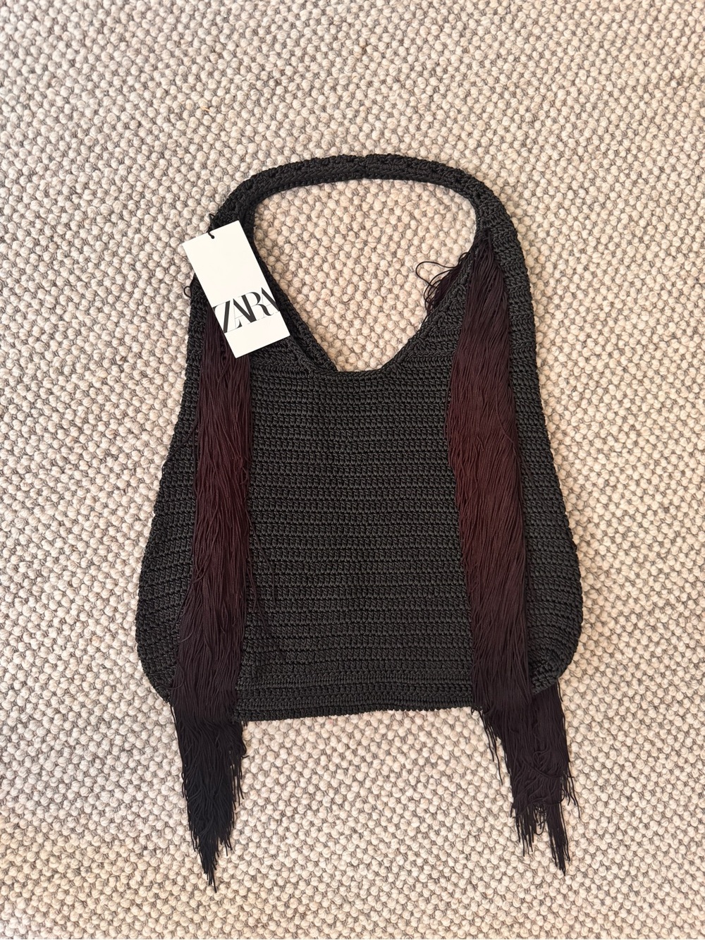 ZARA Black Fringed Crochet Tote Bag - Picture 3 of 4